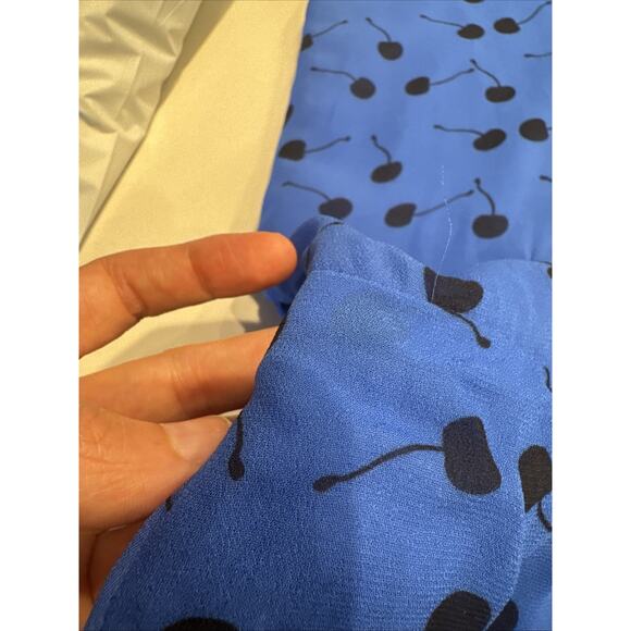 Karina Grimaldi Dress Women’s Size 4 Blue Black Cherry Print Ruched FLAWED - Picture 11 of 16